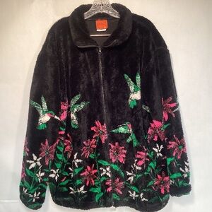 Black Mountain Hummingbirds Floral Black Teddy Jacket Women’s Size 2X